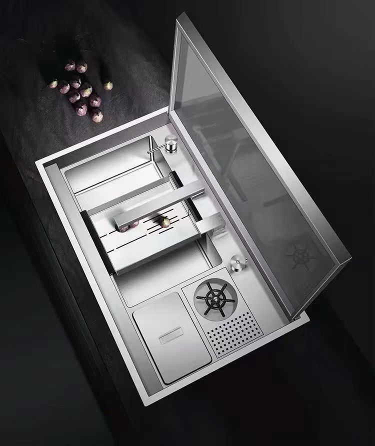 Compact stainless-steel sink module with a raised glass cover