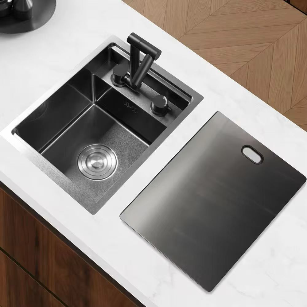 Black stainless-steel single-bowl sink with a removable cover