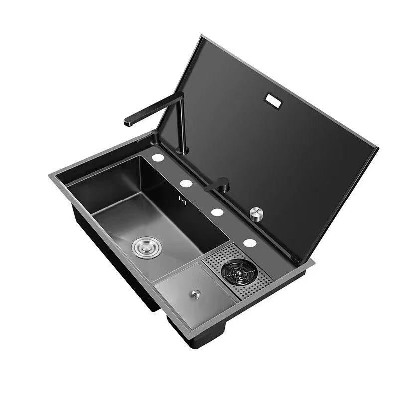 Black stainless-steel sink module with a raised cover and integrated fittings