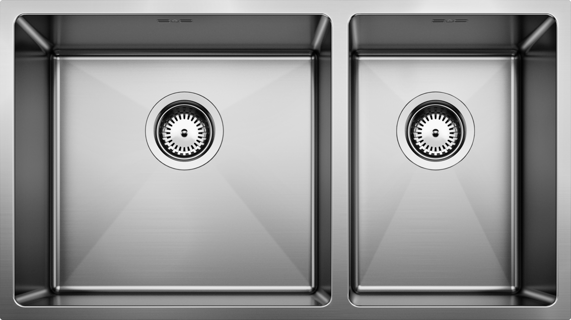 Stainless-steel dual-bowl sink viewed from above